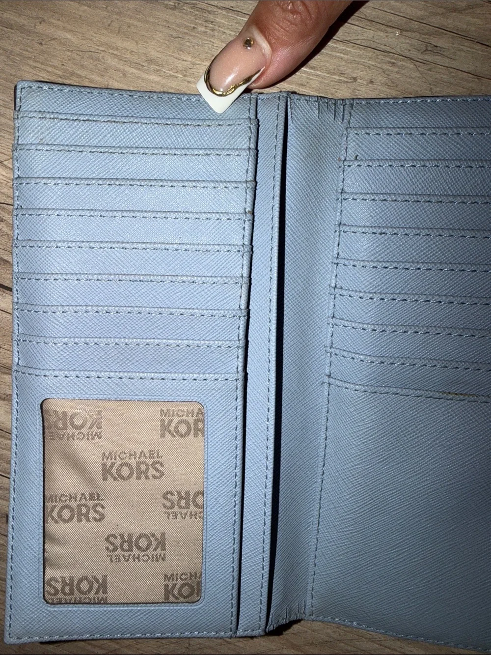 Michael Kors Pale Blue Saffiano Leather Continental Wallet with Gold Logo